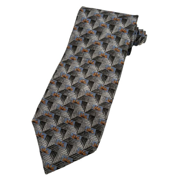 ERMENEGILDO ZEGNA Men's 100% Silk Necktie ITALY Luxury FLORAL Gray/Orange EUC